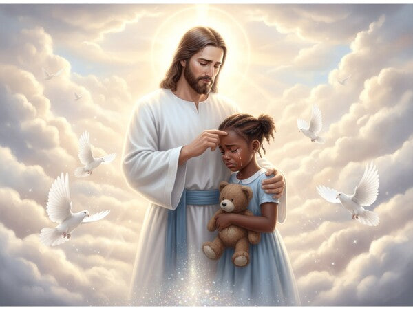 JESUS CONSOLES TEARFUL LITTLE BLACK GIRL, ON CLOUDS