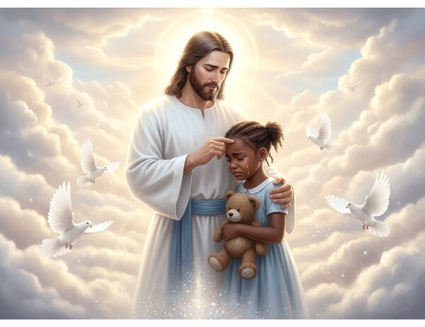 JESUS CONSOLES TEARFUL LITTLE BLACK GIRL, ON CLOUDS
