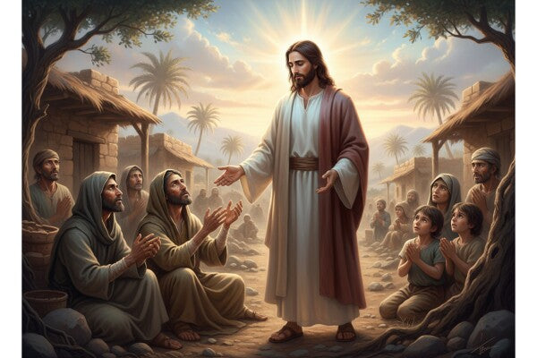 JESUS IN POOR VILLAGE, WORSHIPPERS ON THEIR KNEES