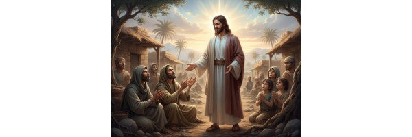 JESUS IN POOR VILLAGE, WORSHIPPERS ON THEIR KNEES