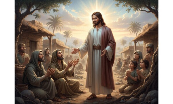 JESUS IN POOR VILLAGE, WORSHIPPERS ON THEIR KNEES