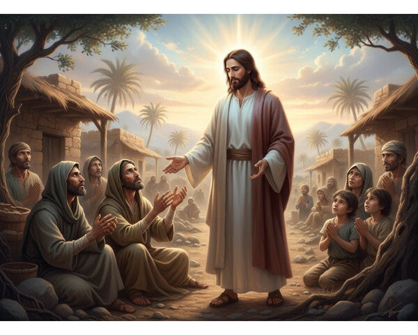 JESUS IN POOR VILLAGE, WORSHIPPERS ON THEIR KNEES