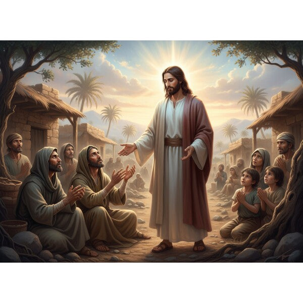 JESUS IN POOR VILLAGE, WORSHIPPERS ON THEIR KNEES