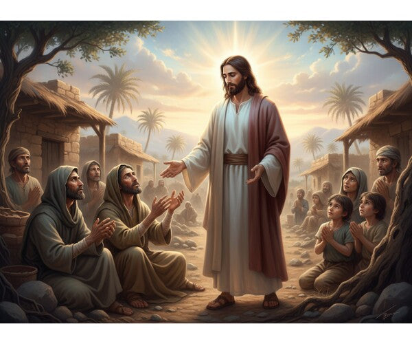 JESUS IN POOR VILLAGE, WORSHIPPERS ON THEIR KNEES