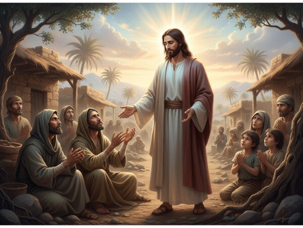 JESUS IN POOR VILLAGE, WORSHIPPERS ON THEIR KNEES
