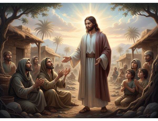JESUS IN POOR VILLAGE, WORSHIPPERS ON THEIR KNEES