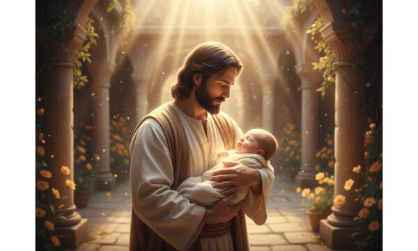 JESUS CONSOLES BEAUTIFUL BABY, IN SHIMMERING LIGHT
