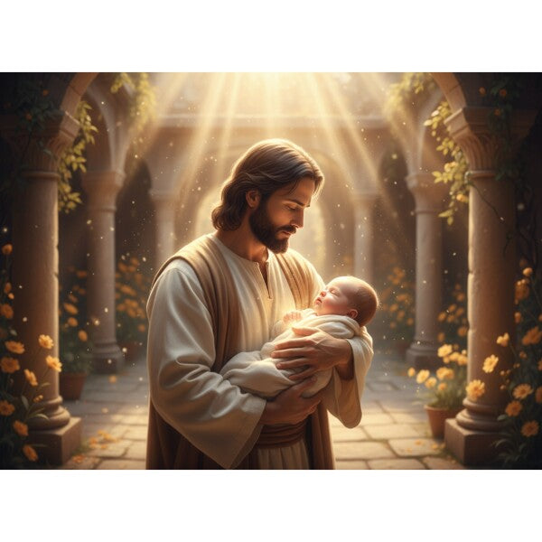 JESUS CONSOLES BEAUTIFUL BABY, IN SHIMMERING LIGHT
