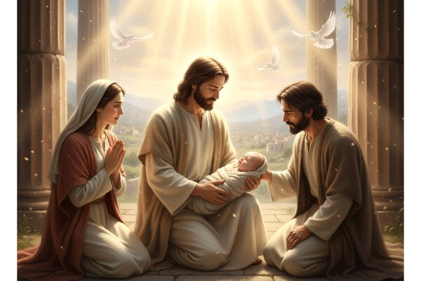 JESUS EMBRACES BABY, AS PARENTS LOOK ON