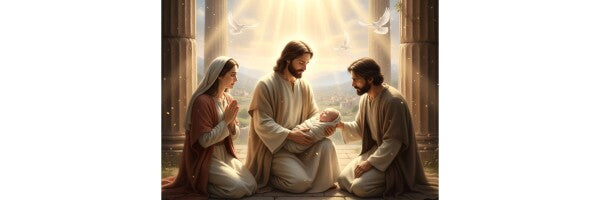 JESUS EMBRACES BABY, AS PARENTS LOOK ON