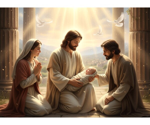 JESUS EMBRACES BABY, AS PARENTS LOOK ON