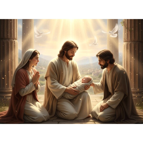 JESUS EMBRACES BABY, AS PARENTS LOOK ON