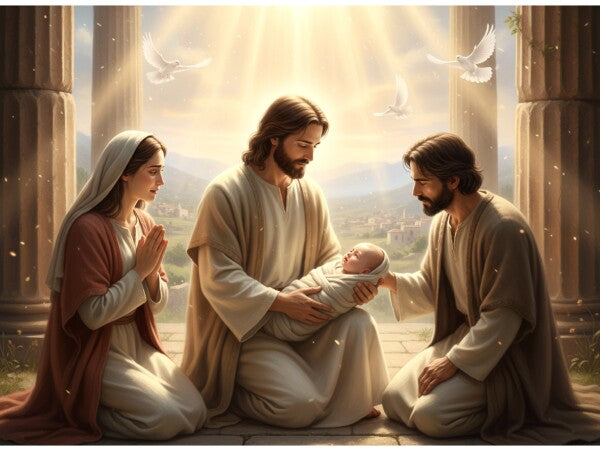JESUS EMBRACES BABY, AS PARENTS LOOK ON