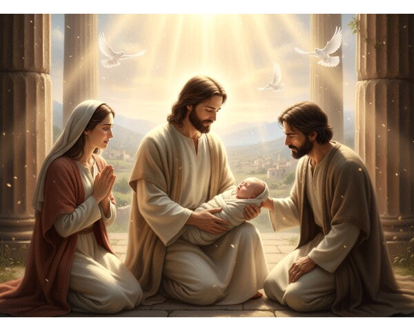 JESUS EMBRACES BABY, AS PARENTS LOOK ON
