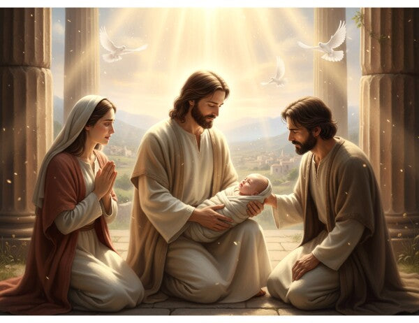 JESUS EMBRACES BABY, AS PARENTS LOOK ON