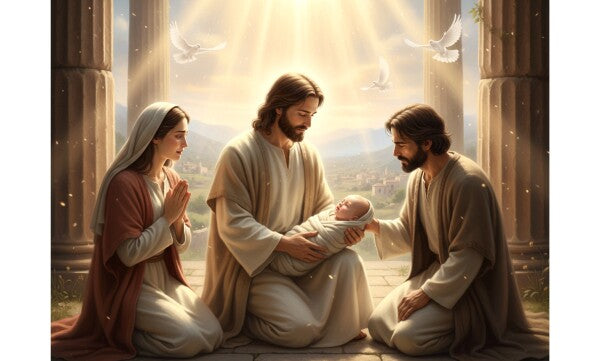 JESUS EMBRACES BABY, AS PARENTS LOOK ON