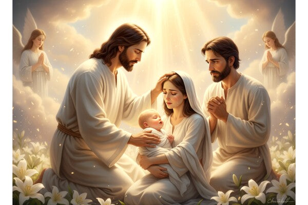 JESUS COMFORTING MOTHER AND SICK BABY, IN HEAVENLY BACKGROUND