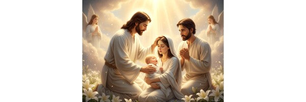 JESUS COMFORTING MOTHER AND SICK BABY, IN HEAVENLY BACKGROUND