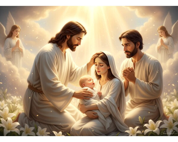 JESUS COMFORTING MOTHER AND SICK BABY, IN HEAVENLY BACKGROUND