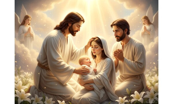 JESUS COMFORTING MOTHER AND SICK BABY, IN HEAVENLY BACKGROUND