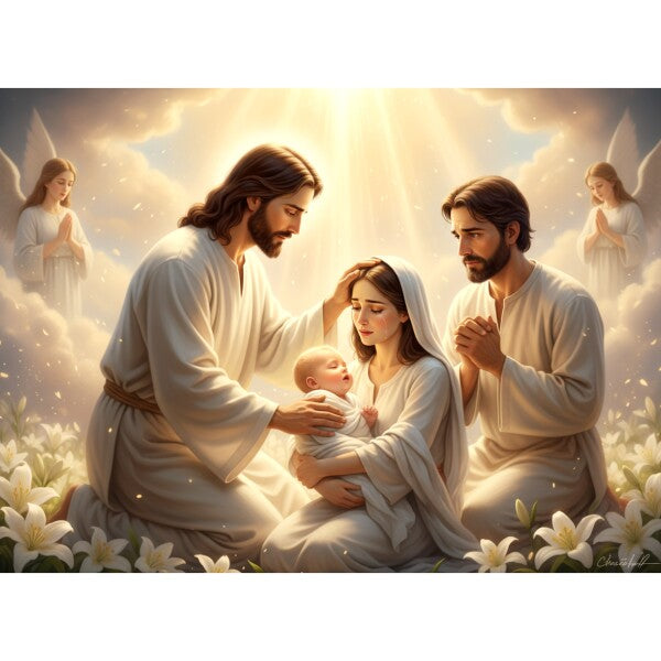 JESUS COMFORTING MOTHER AND SICK BABY, IN HEAVENLY BACKGROUND