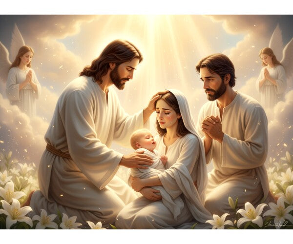 JESUS COMFORTING MOTHER AND SICK BABY, IN HEAVENLY BACKGROUND