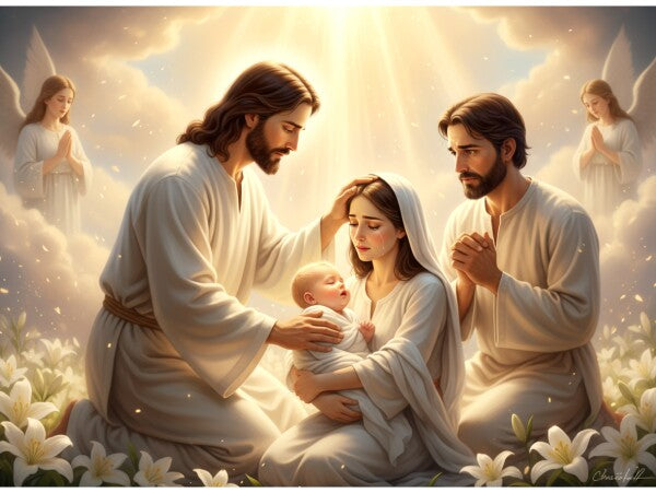 JESUS COMFORTING MOTHER AND SICK BABY, IN HEAVENLY BACKGROUND