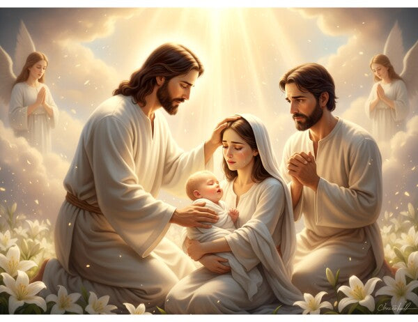 JESUS COMFORTING MOTHER AND SICK BABY, IN HEAVENLY BACKGROUND