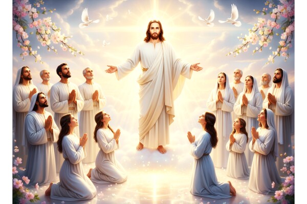 JESUS STANDS IN HEAVENLY LIGHT AMONG HIS EARTLY WORSHIPPERS