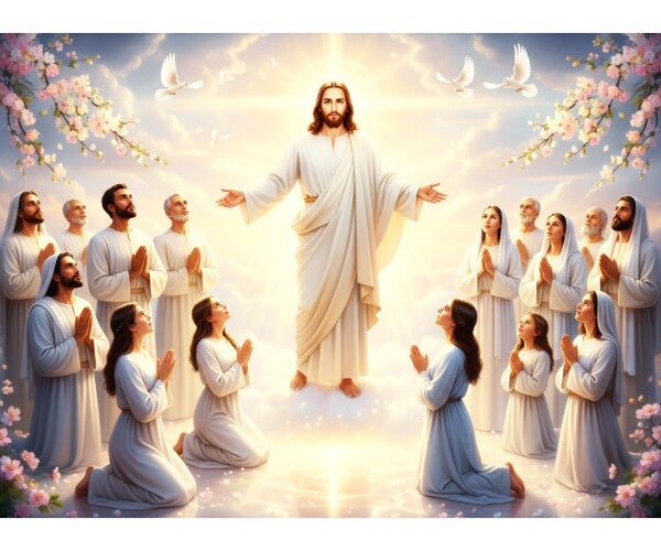 JESUS STANDS IN HEAVENLY LIGHT AMONG HIS EARTLY WORSHIPPERS