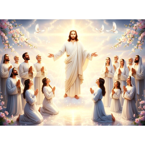 JESUS STANDS IN HEAVENLY LIGHT AMONG HIS EARTLY WORSHIPPERS