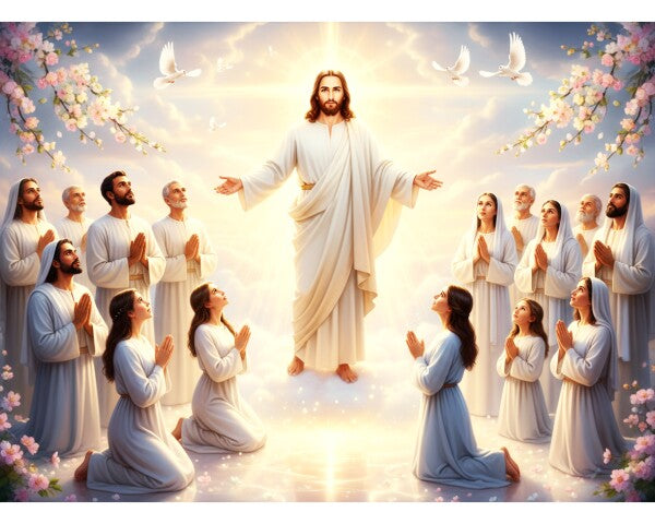 JESUS STANDS IN HEAVENLY LIGHT AMONG HIS EARTLY WORSHIPPERS