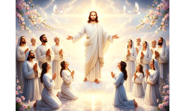 JESUS STANDS IN HEAVENLY LIGHT AMONG HIS EARTLY WORSHIPPERS