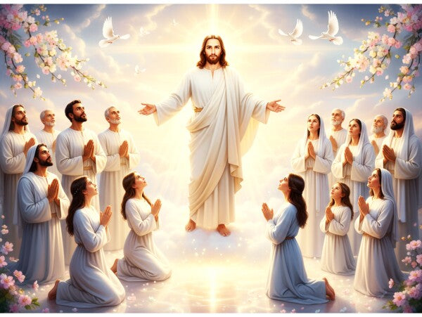 JESUS STANDS IN HEAVENLY LIGHT AMONG HIS EARTLY WORSHIPPERS