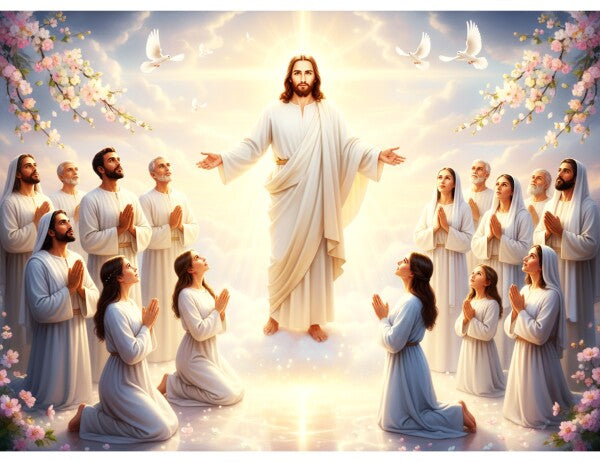JESUS STANDS IN HEAVENLY LIGHT AMONG HIS EARTLY WORSHIPPERS