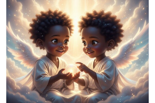 BLACK TWIN ANGEL BABIES ON COLORFUL CLOUDS