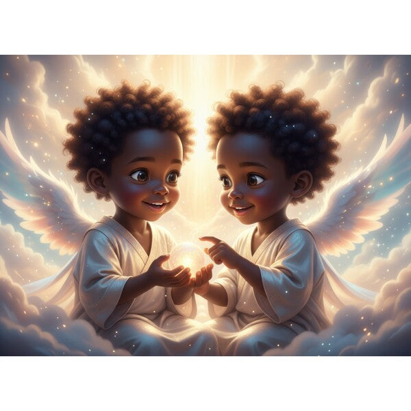BLACK TWIN ANGEL BABIES ON COLORFUL CLOUDS
