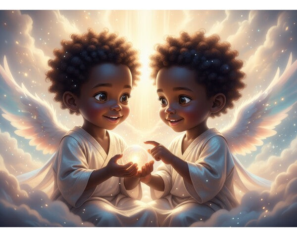 BLACK TWIN ANGEL BABIES ON COLORFUL CLOUDS