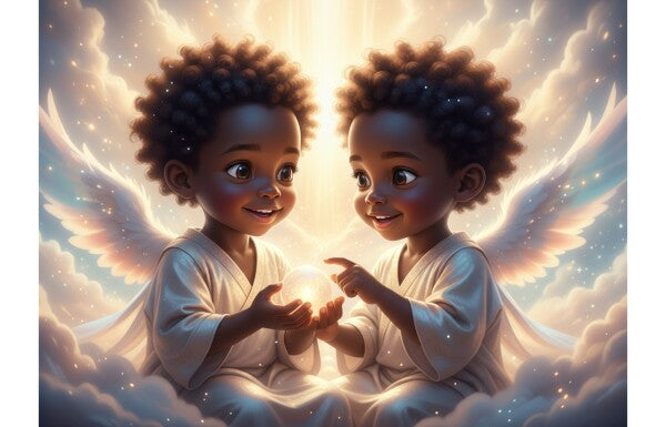 BLACK TWIN ANGEL BABIES ON COLORFUL CLOUDS