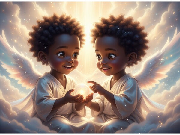 BLACK TWIN ANGEL BABIES ON COLORFUL CLOUDS