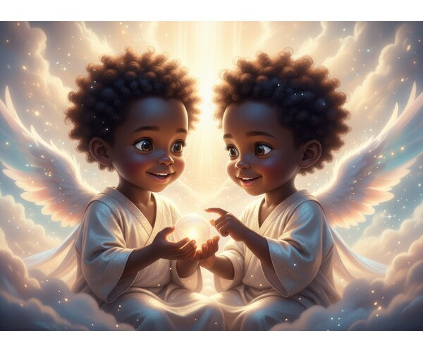 BLACK TWIN ANGEL BABIES ON COLORFUL CLOUDS