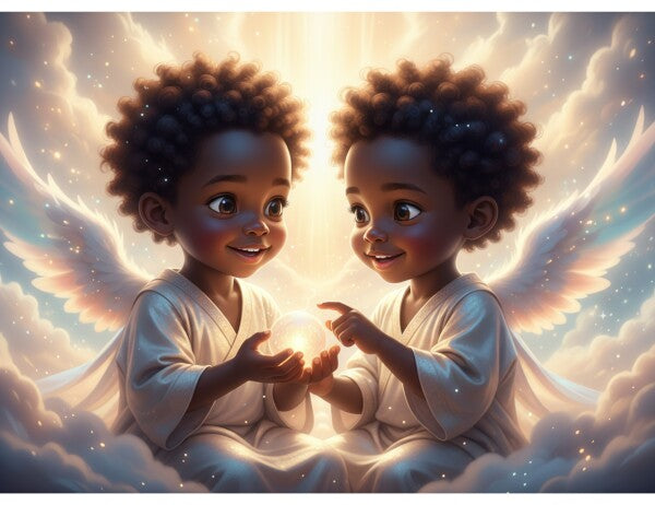 BLACK TWIN ANGEL BABIES ON COLORFUL CLOUDS
