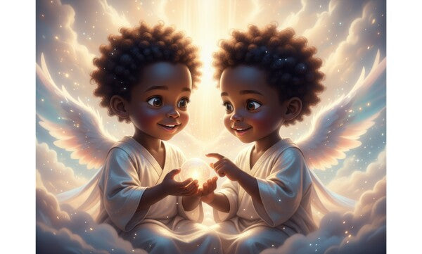 BLACK TWIN ANGEL BABIES ON COLORFUL CLOUDS