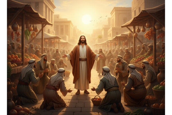 JESUS IN MARKETPLACE GREETS BOWING VENDORS