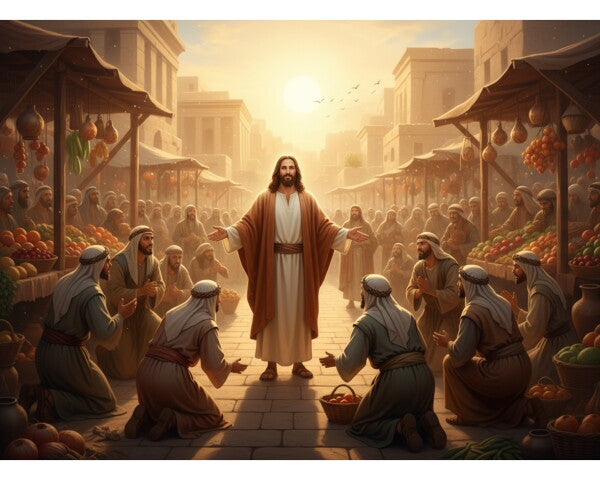JESUS IN MARKETPLACE GREETS BOWING VENDORS