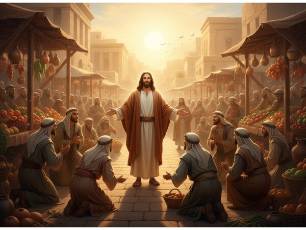 JESUS IN MARKETPLACE GREETS BOWING VENDORS
