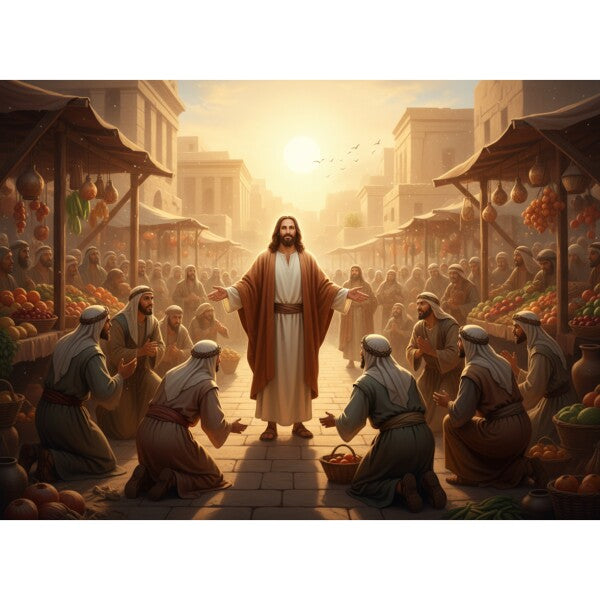 JESUS IN MARKETPLACE GREETS BOWING VENDORS