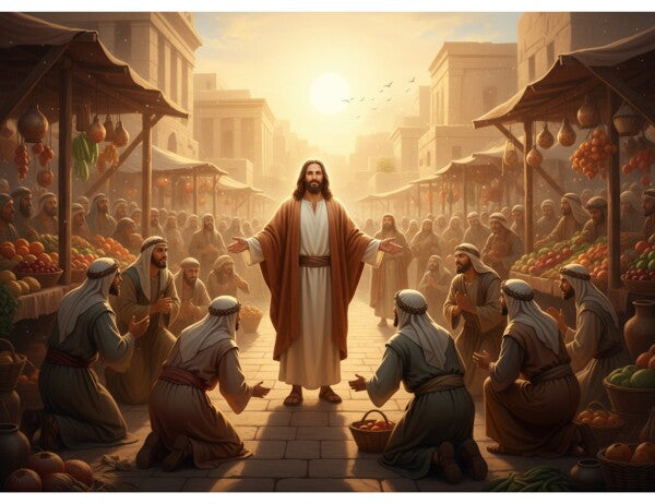 JESUS IN MARKETPLACE GREETS BOWING VENDORS