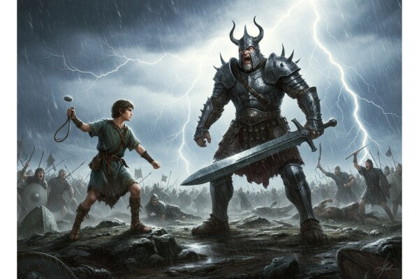 DAVID CONFRONTS GOLIATH IN A THUNDERSTORM