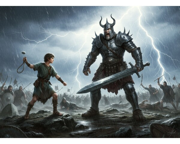 DAVID CONFRONTS GOLIATH IN A THUNDERSTORM